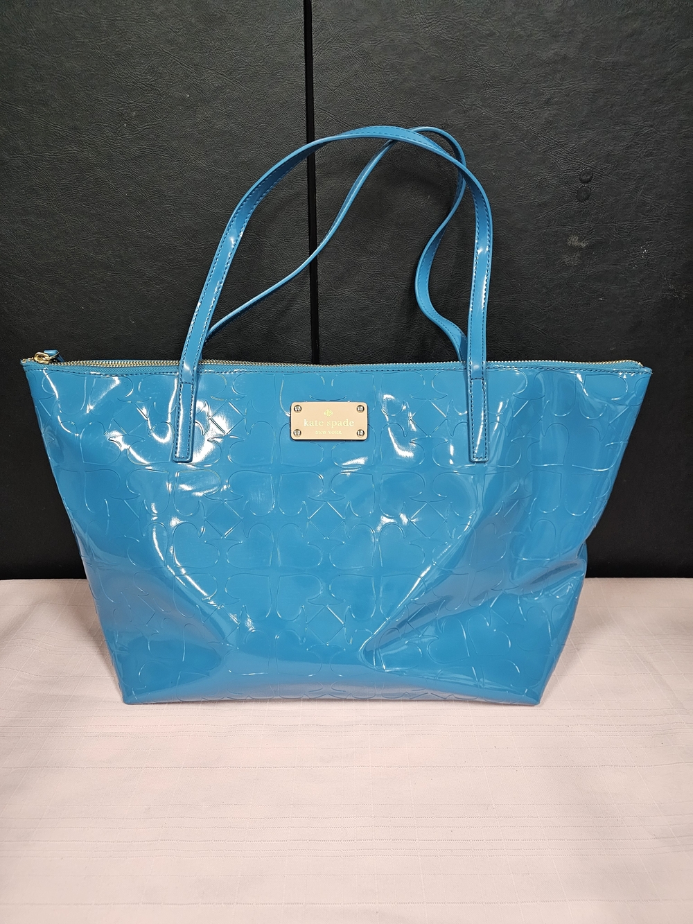 Kate Spade Ace Of Spades Bright Teal Patent Tote with Gold Plaque